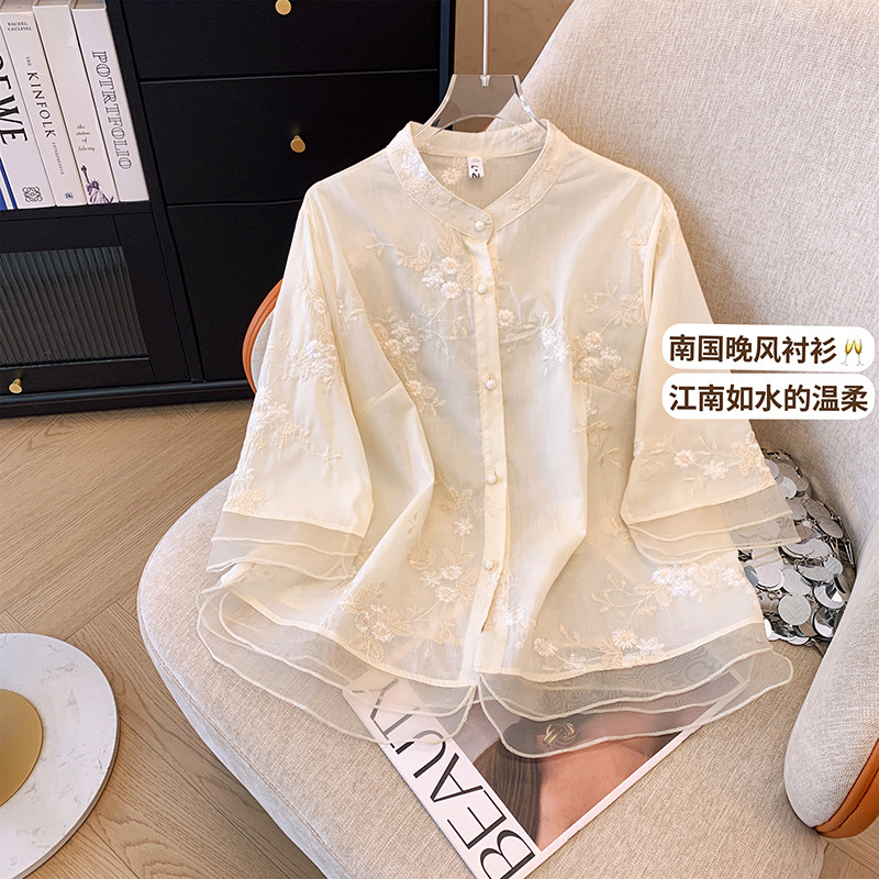 2024春新款重工刺绣拼接欧根纱大码上衣女衬衣-阿里巴巴