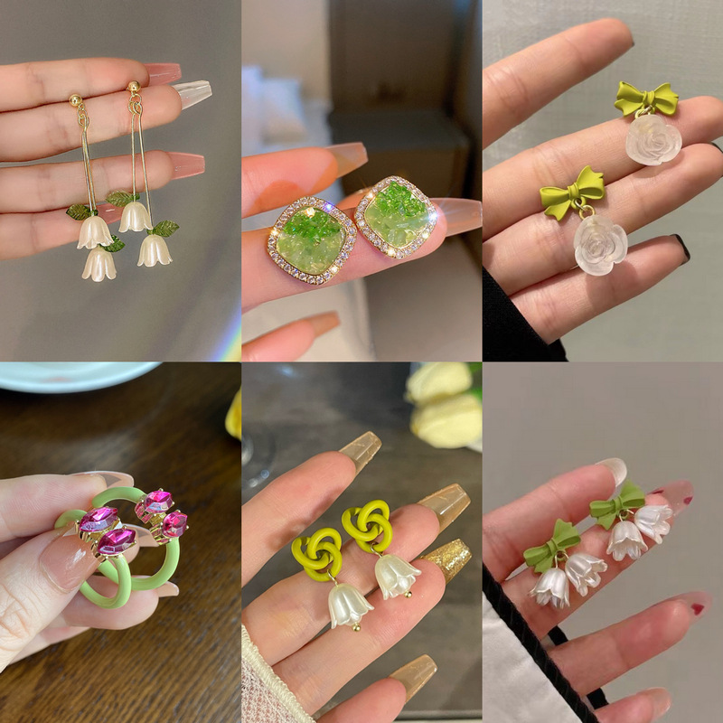 925 silver needle korean summer green flower temperament same style ear studs silver needle ear studs wholesale factory