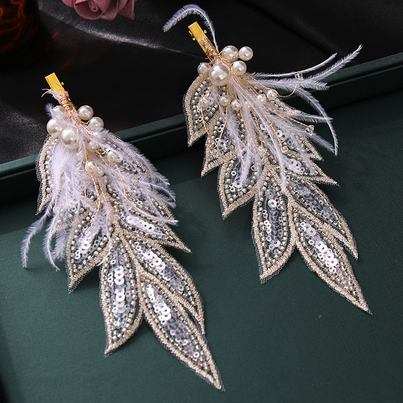 韩式羽毛发夹头饰森系礼服婚纱影楼拍摄发饰街拍新娘盘发对夹配饰