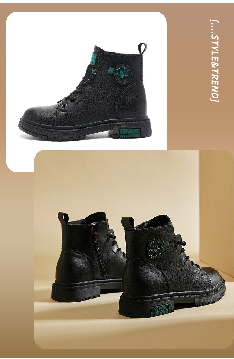 卡文女鞋马丁靴女新款网红潮流皮靴子粗跟圆头系带保暖女鞋子