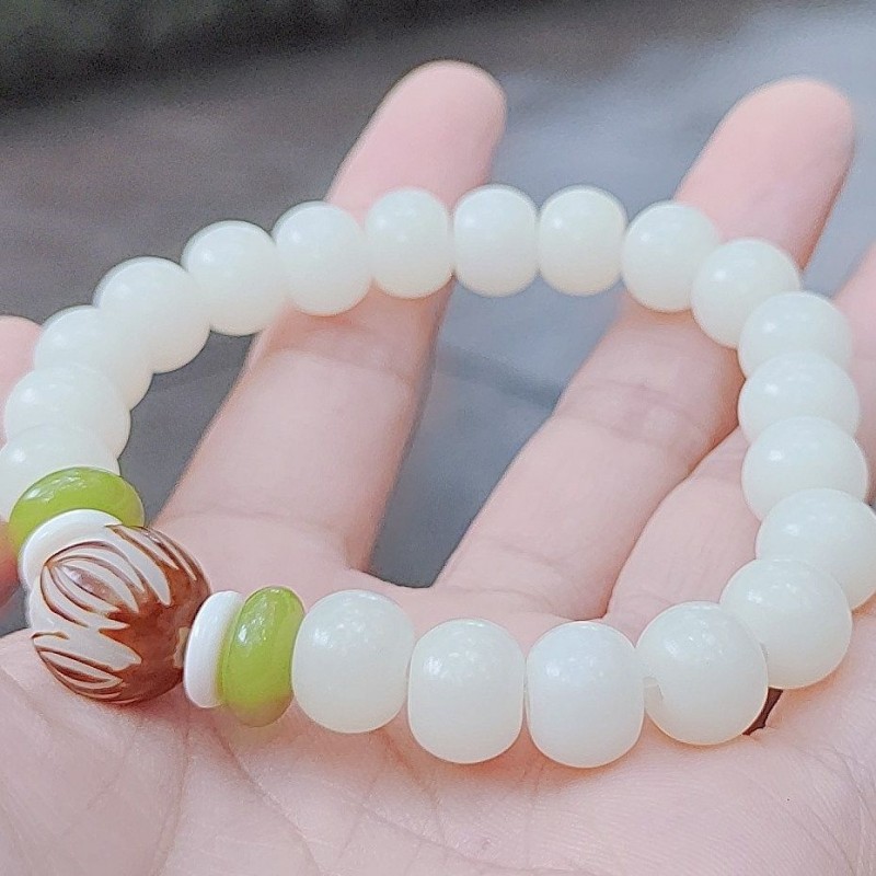 Natural White Jade Bodhi Seed Lotus Bodhi Root Bracelet Buddha Beads Handheld Prayer Beads Crafts Pendant Bracelet Men and Women Pendant