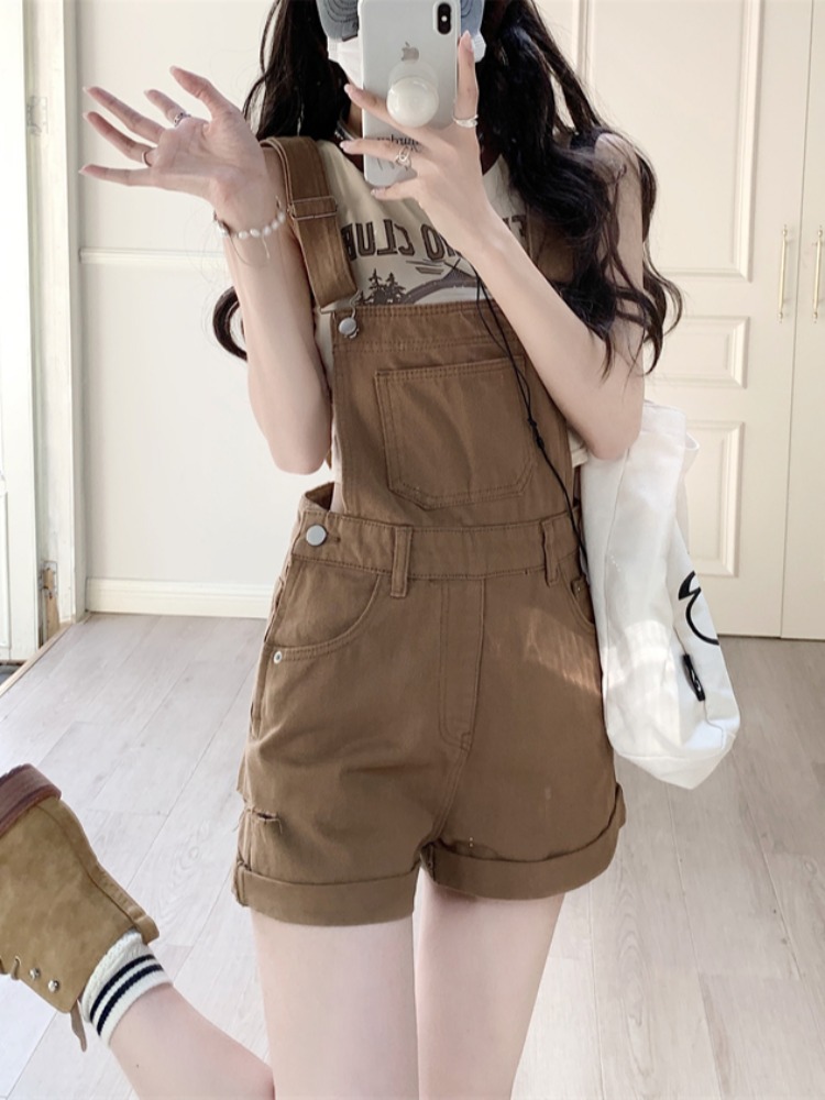 卡其色复古背带裤女夏小个子2024新款宽松高腰直筒阔腿牛仔短裤