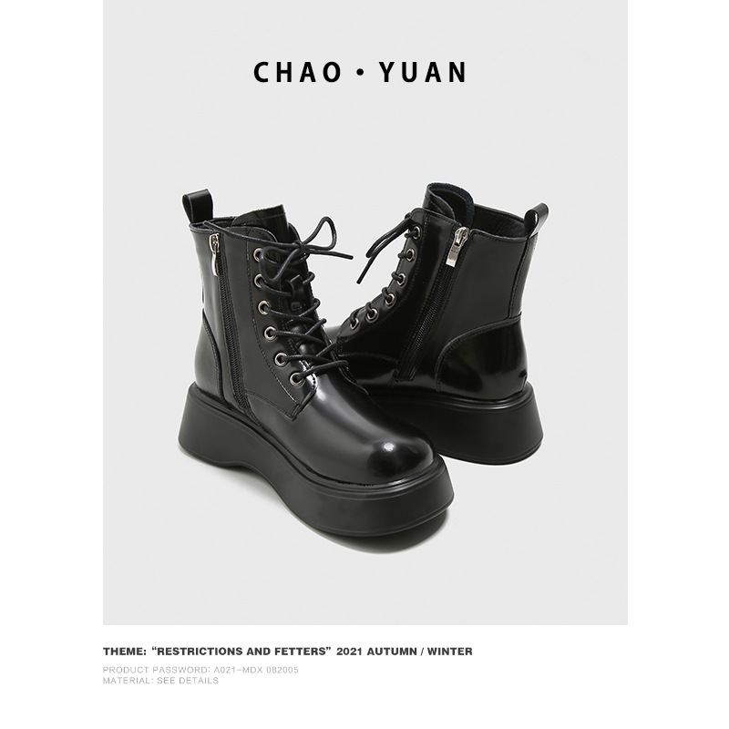 Super Yuan Platform Boots Fleece-Lined Autumn and Winter New Martin Boots Big Head Black Motorcycle Leather Boots High Top Ankle Boots Women