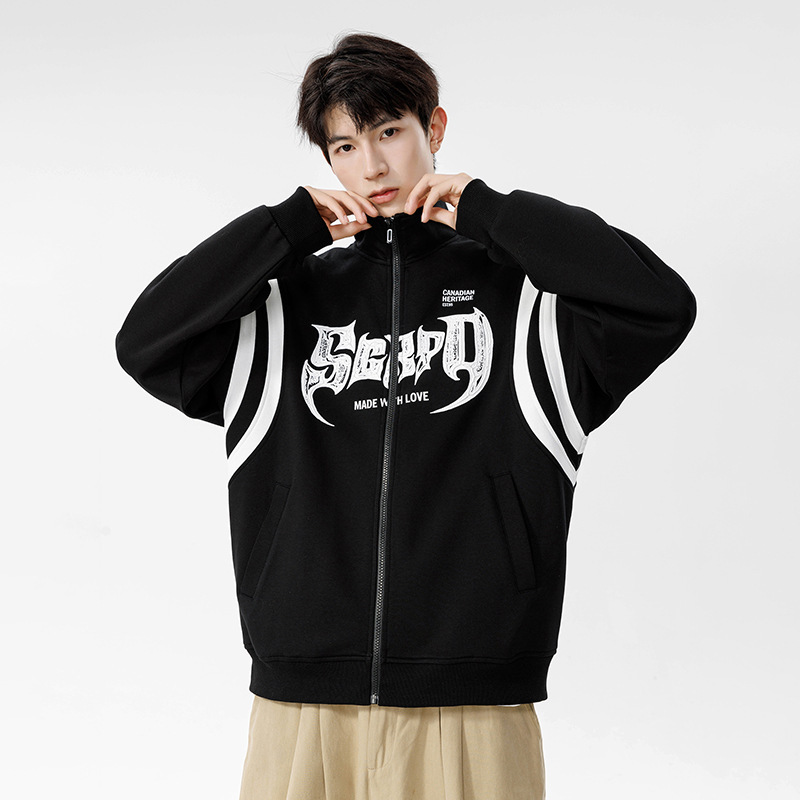 男装秋冬新款开衫卫衣男韩版潮流字母印花外套宽松立领拉链上衣服