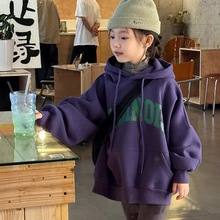 韩国童装女童字母连帽加绒卫衣2024冬款厚上衣时髦精女孩个性穿搭