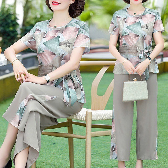 x醯1中年妈妈夏装套装短袖雪纺t恤上衣2021新款中老年女装洋气两