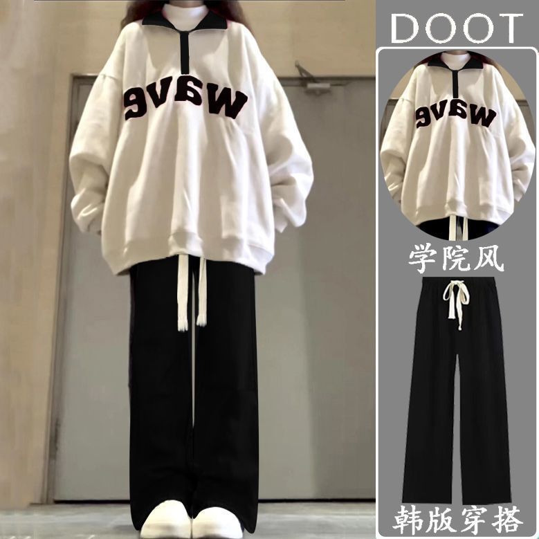 女童套装秋季新款polo衫女学生卫衣休闲阔腿裤网红穿搭一整套潮