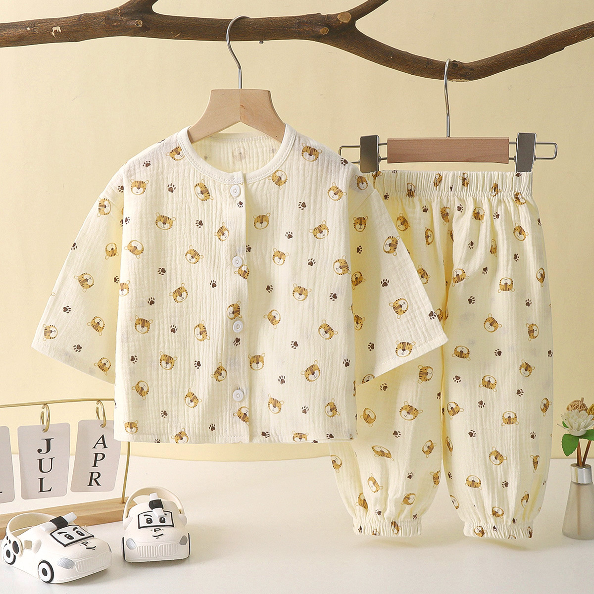 Children's Thin Double-Layer Cotton Gauze Boys' Pajamas Summer Girls' Home Wear Baby Boys' Long-Sleeved Bloomers Suit