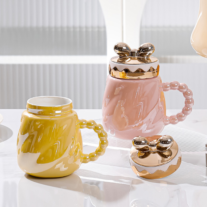 Large Capacity Bow Pearlescent Glaze Ceramic Cup Creative with Cover Mug Water Glass Good-looking Wholesale Gift Cup