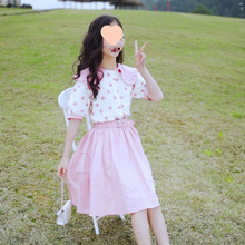 女童韩版时髦裙套装中大童洋气泡泡袖娃娃领圆点上衣半身裙两件套