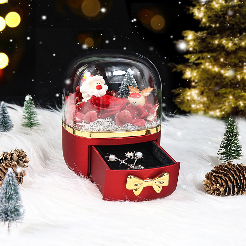 New Christmas Old Man High Transparent Eternal Flower Gift Box Bow Acrylic Ring Necklace Jewelry Box