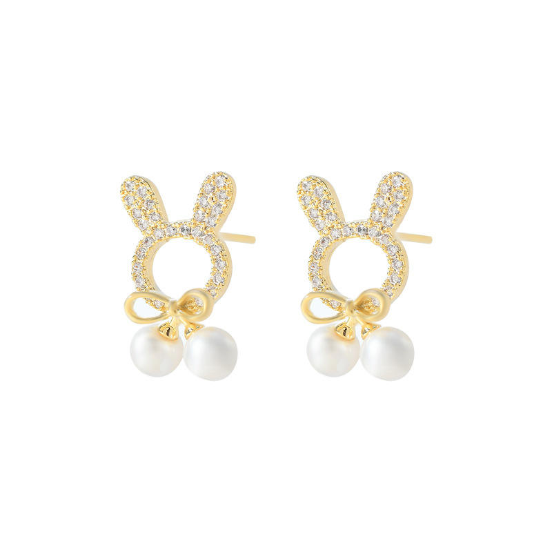 Korean Dongdaemun Elegant Stud Earrings Female S922 Silver Needle Niche Design Pearl Rabbit Earrings Bow Earrings