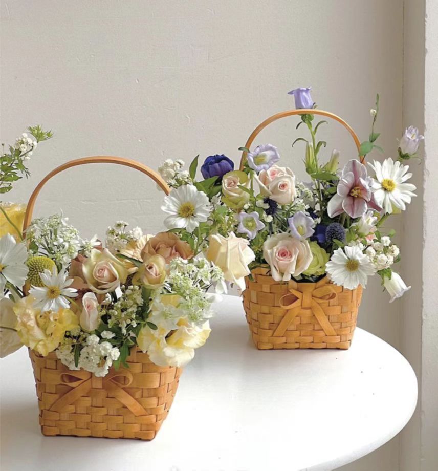 木质花篮藤编手提篮田园家居装饰摆件收纳篮鲜花插花创意多肉小篮