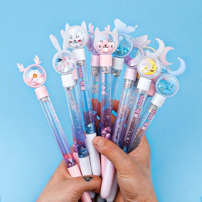 韩版表情网红流沙笔亮片中性笔0.5mm高颜值动漫卡通可爱小人水笔