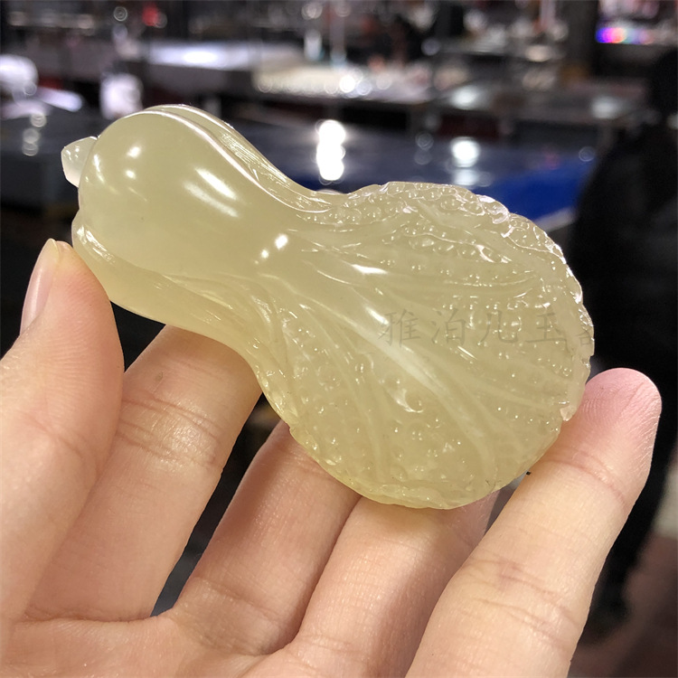 天然冰种蚕丝玉白菜手把件青白玉百财把玩件阿富汗玉白菜手把件