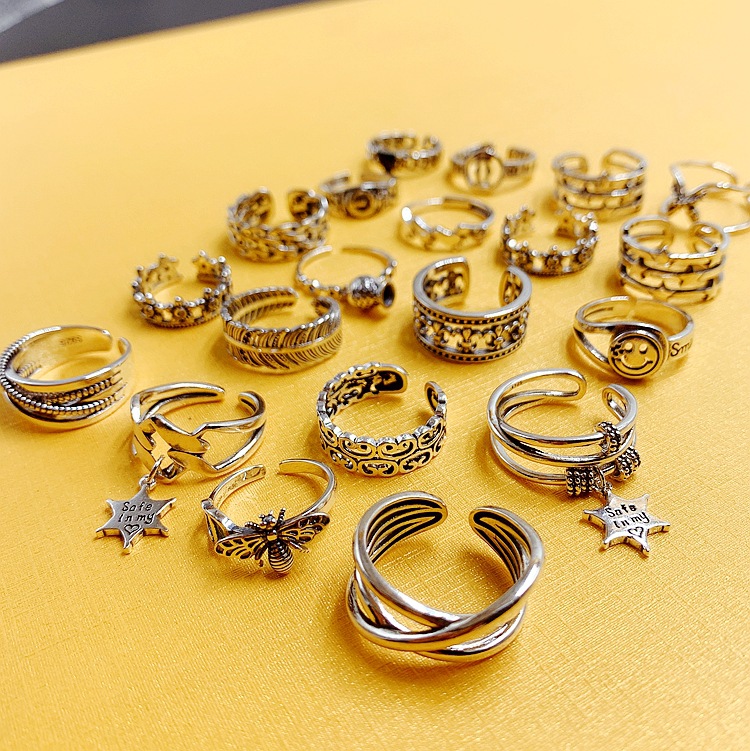 S925 Thai Silver Retro Distressed Ring Fashion Personalized Opening Simple Couple Rings Tail Ring Ring Mixed Batch Silver Ring