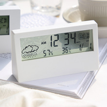 LCD时钟电子钟温湿度计天气预报外贸出口方形钟ins透明款闹钟厂家