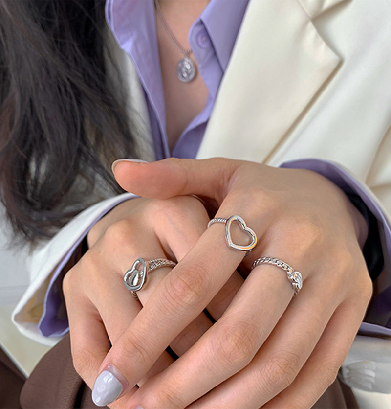 爱心叠戴开口戒指女韩版创意个性复古交织镂空心形食指指环ins风