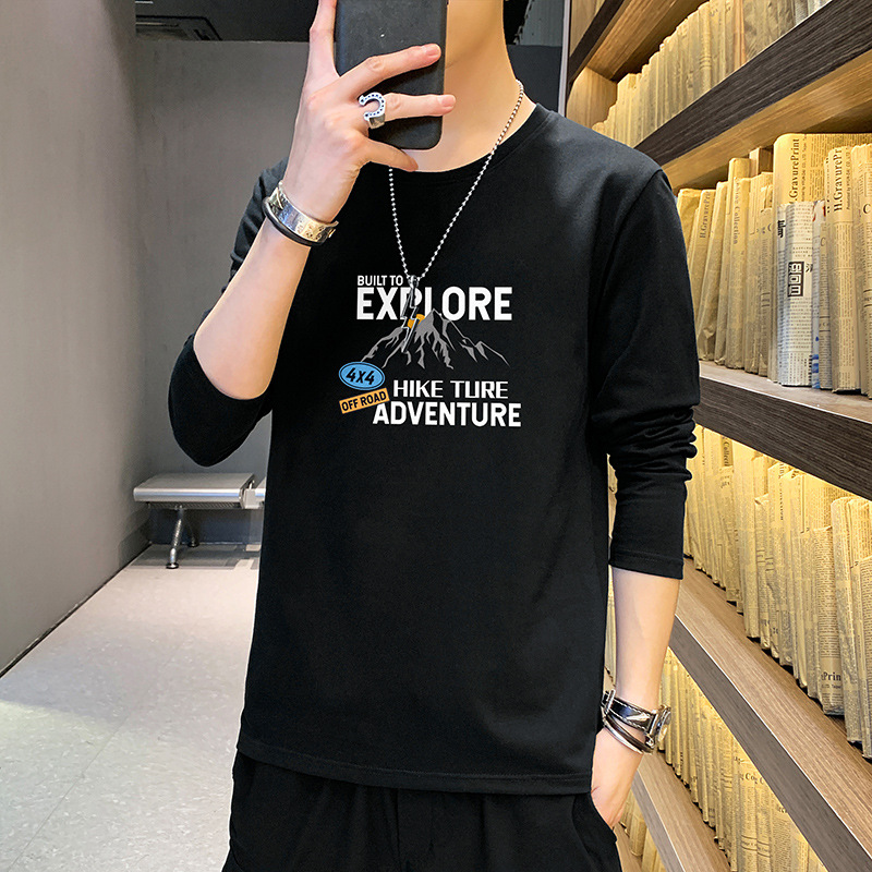 Pure Cotton Long Sleeve T-shirt Men's Spring and Autumn New round Neck Loose All-Matching Hoodie Youth Handsome Bottoming T-shirt Men's Clothing