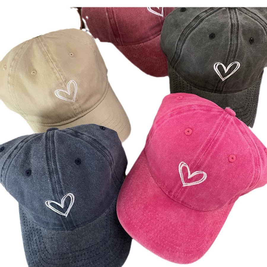 2024 New Spring Love Peaked Cap Female Retro Leisure Washed-out Distressed Wine Red Wide Brim Sunshade Baseball Cap