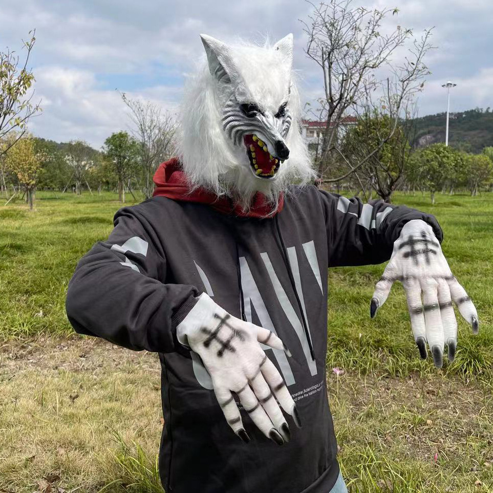 万圣节动物面具全脸狼头狼手套套装动物头套恐怖面具动物跨境面具