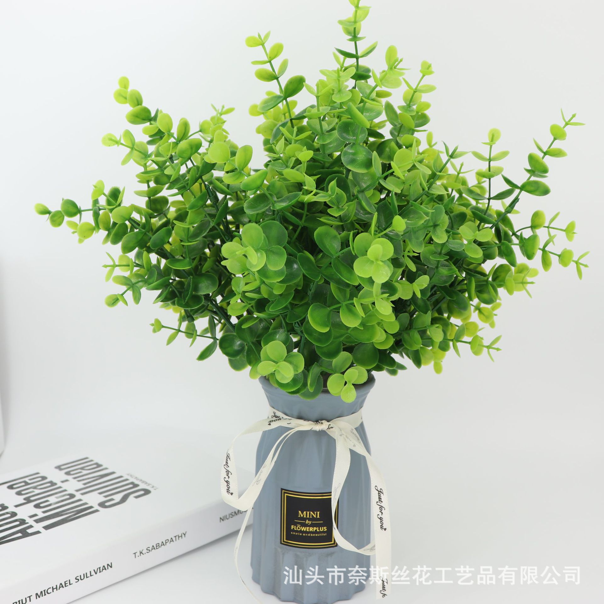 外贸亚马逊仿真绿植7叉尤加利金钱叶花束植物墙婚庆园艺工程布景