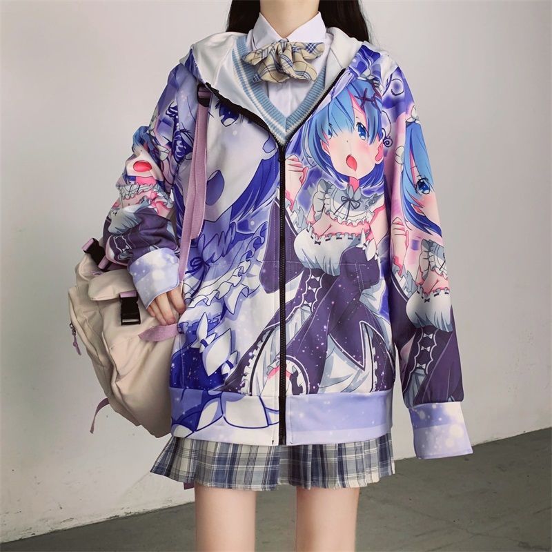 jk二次元动漫印花开衫外套女秋装新款ins韩版宽松连帽日系卫衣
