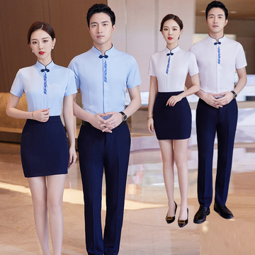 男女中式衬衫酒店餐厅服务员工作服茶楼餐饮饭店正装工衣刺绣logo