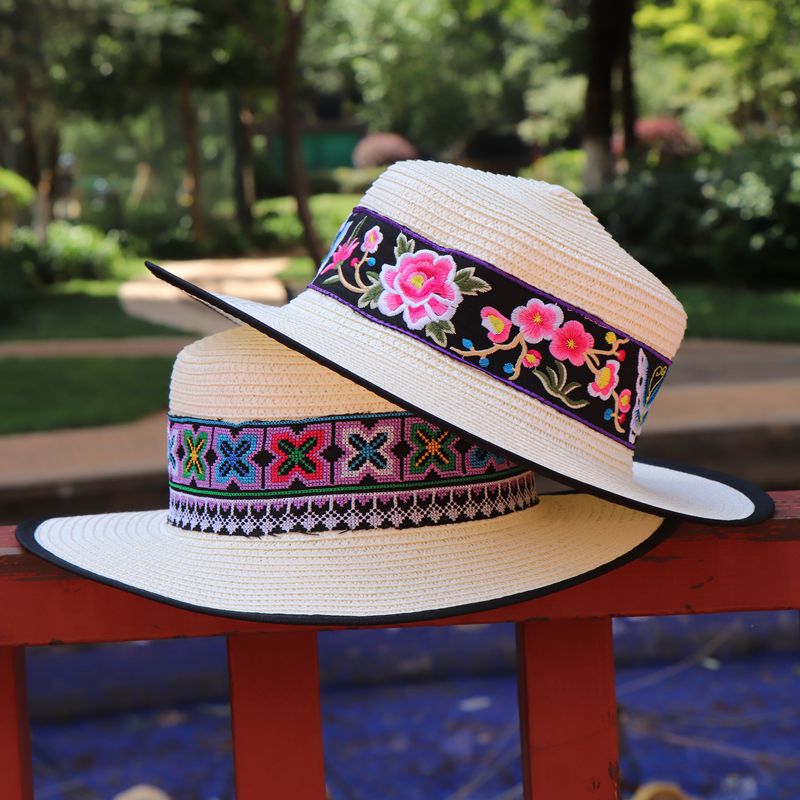 云南民族风平顶遮阳帽 春夏出游绣花帽旅游纪念帽户外出游帽-阿里巴巴