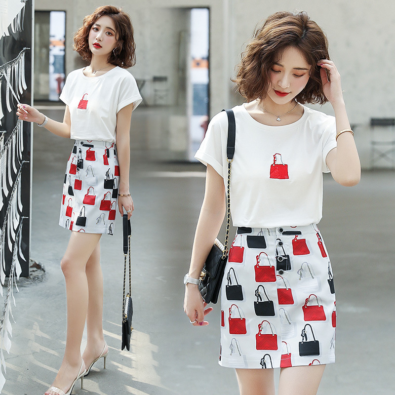 2022夏装新款女装气质高级套装短裙印花t恤两件套减龄半身裙套装