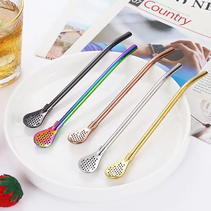 hot sale 304 stainless steel dual purpose straw spoon milk tea and coffee stirring spoon yerba mate spoon removable straw filtering spoon