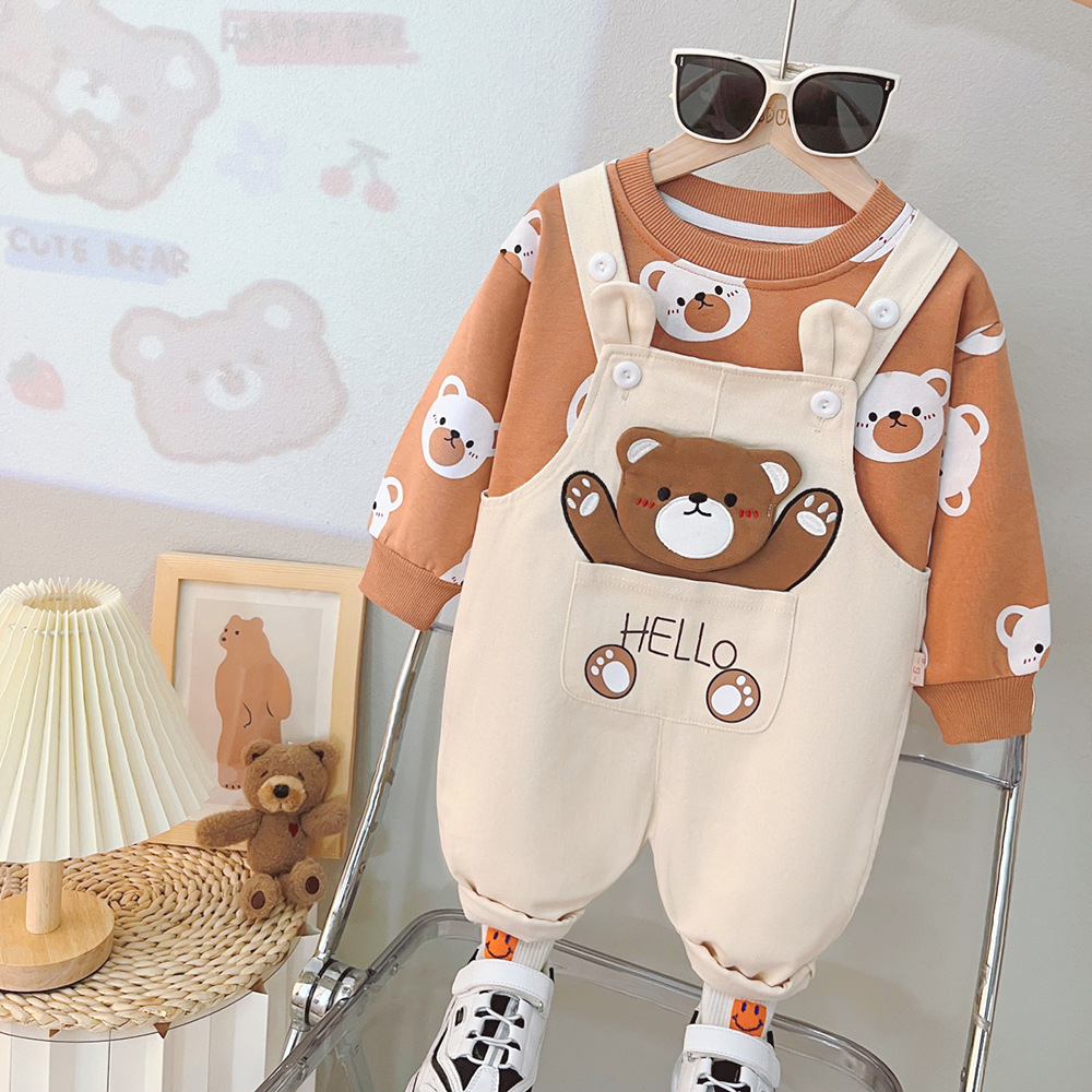 婴儿衣服卡通儿童长袖背带裤套装五6七8九个月一岁男孩女宝宝秋装