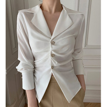 女装法式复古V领白衬衫女春秋设计感小众收腰气质职业衬衣