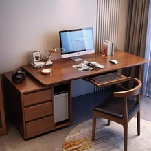 2@全实木双人书桌柜一体现代老板台边柜台式电脑桌书桌办公桌