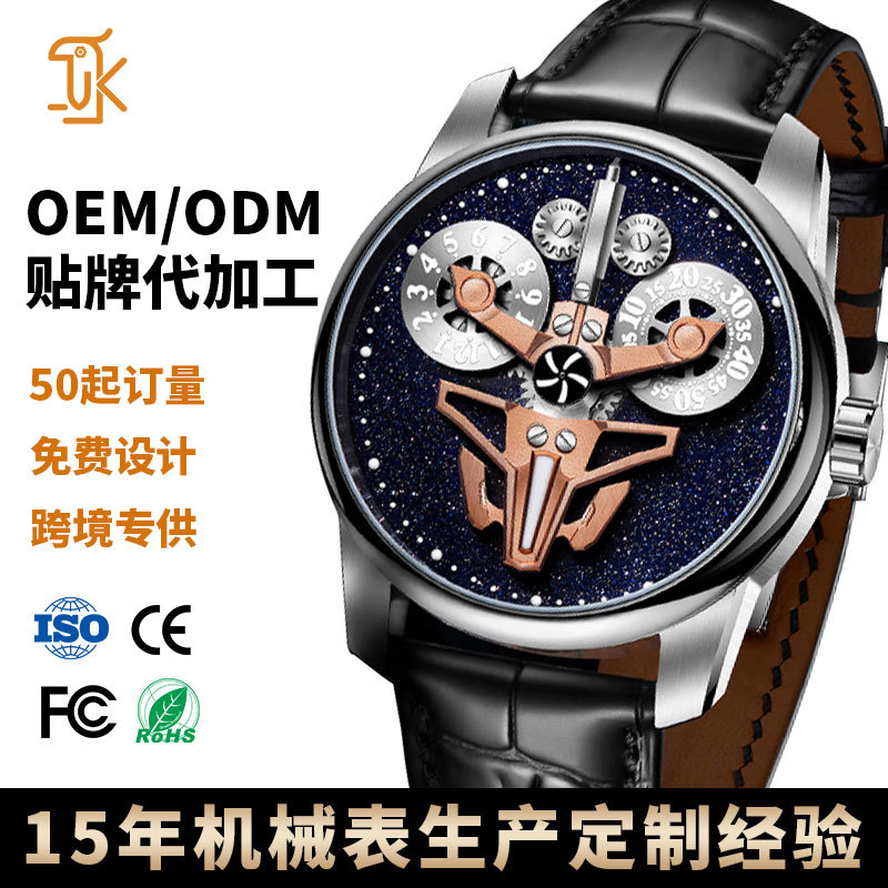 工厂定制品牌手表男士跨境货源个性飞轮星轮夜光商务自动机械手表