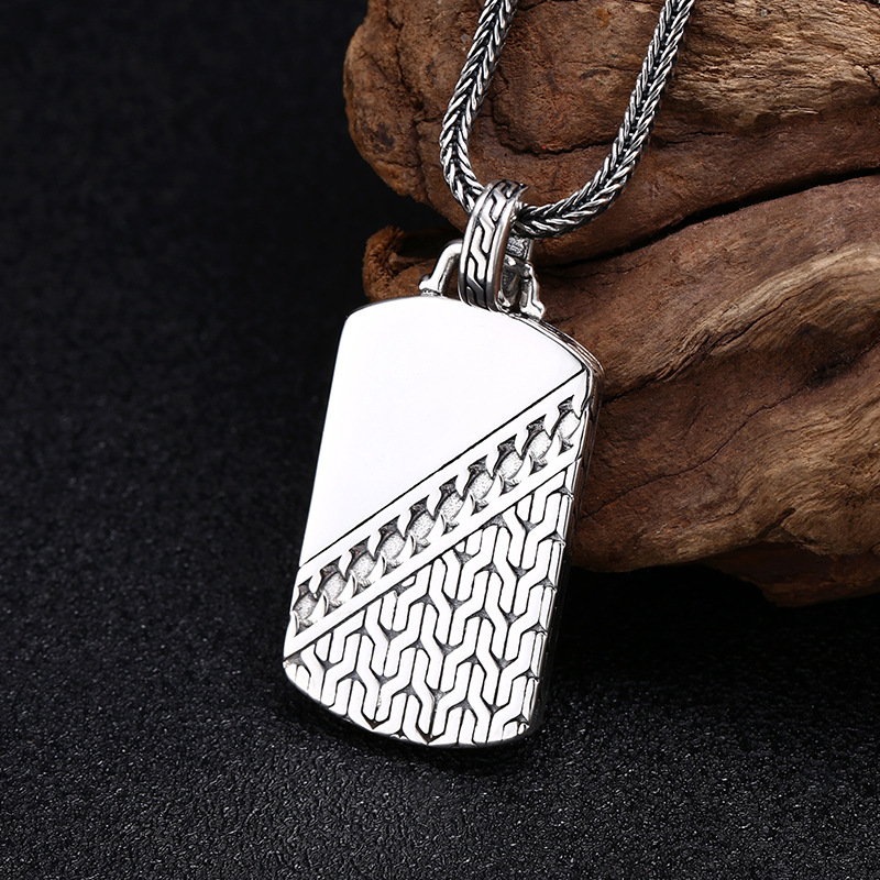 批发925纯银吊坠 简约纹路吊牌项链挂坠男士泰银复古做旧饰品