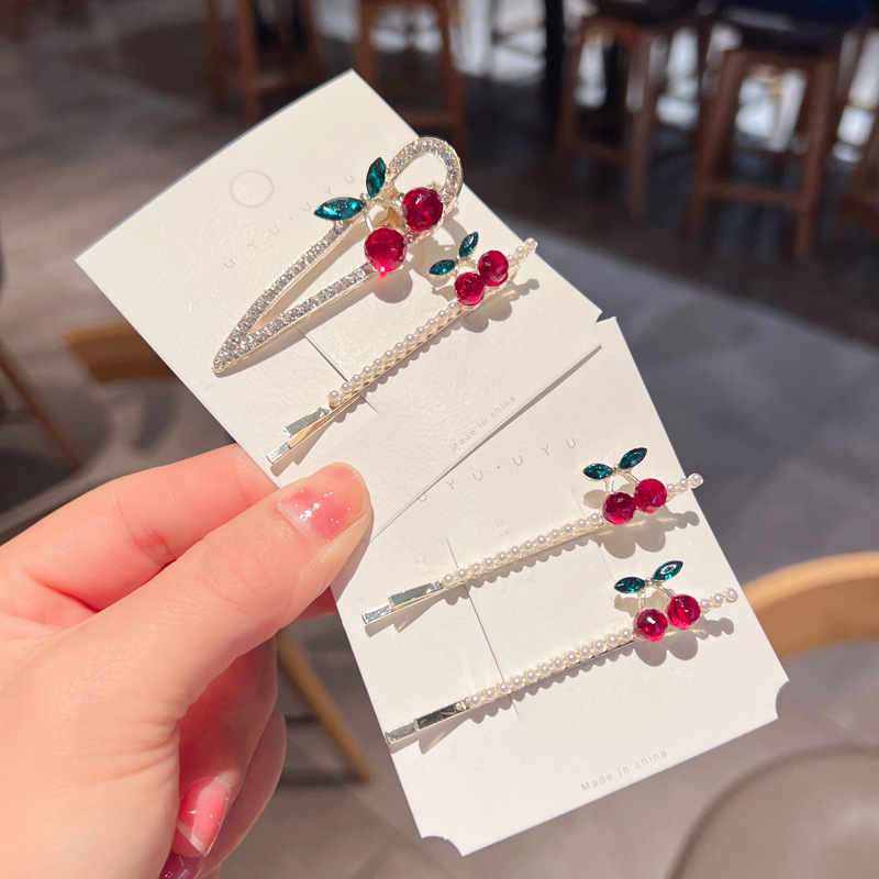 甜美可爱樱桃发夹韩国时尚珍珠侧边夹额前刘海碎发一字夹发卡头饰