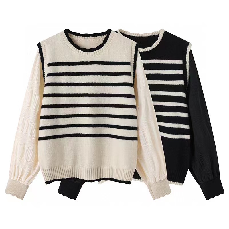 法式拼接条纹假两件针织衫女早春减龄漂亮洋气毛衣甜美泡泡袖上衣