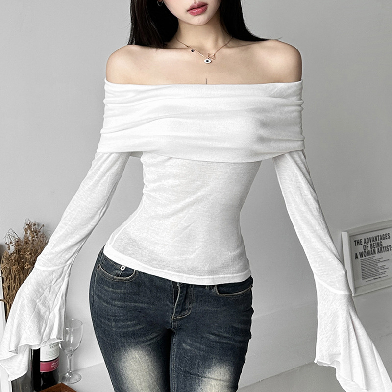 European and American Style 2023 Cross-Border Summer New Women's Clothing Solid Color Slim Fashion off-Neck Sexy Back-Exposed Long-Sleeved T-shirt Women Clothes