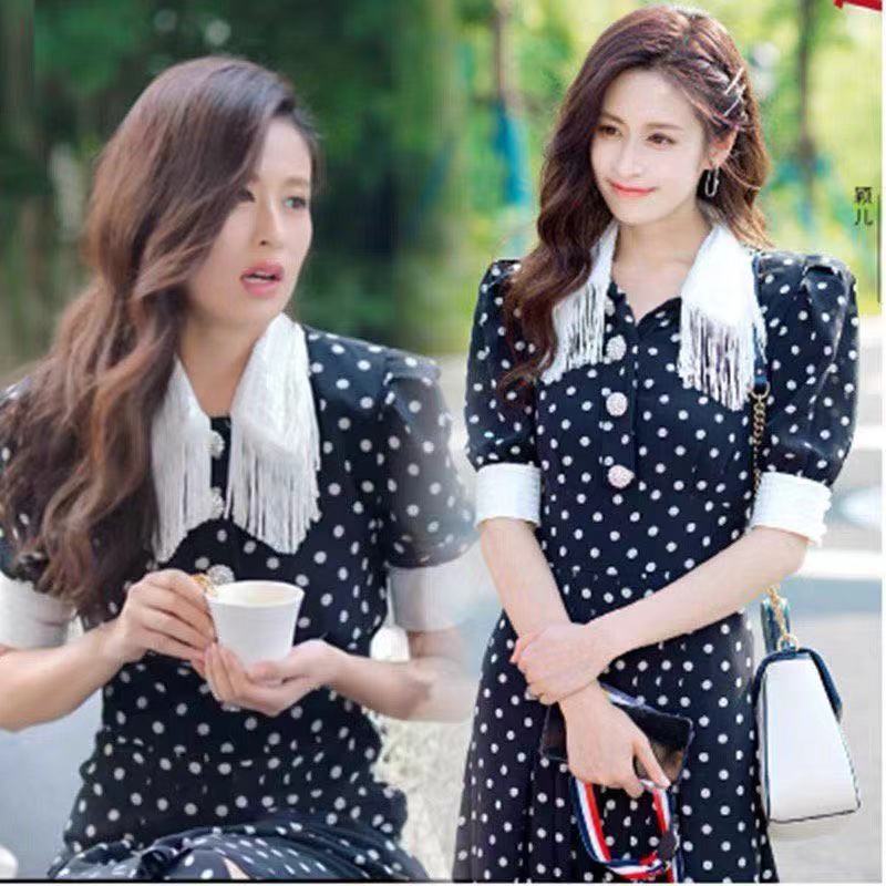 现货颖儿林芸芸明星同款优雅气质法式尖领连衣裙蓝色波点显瘦裙子