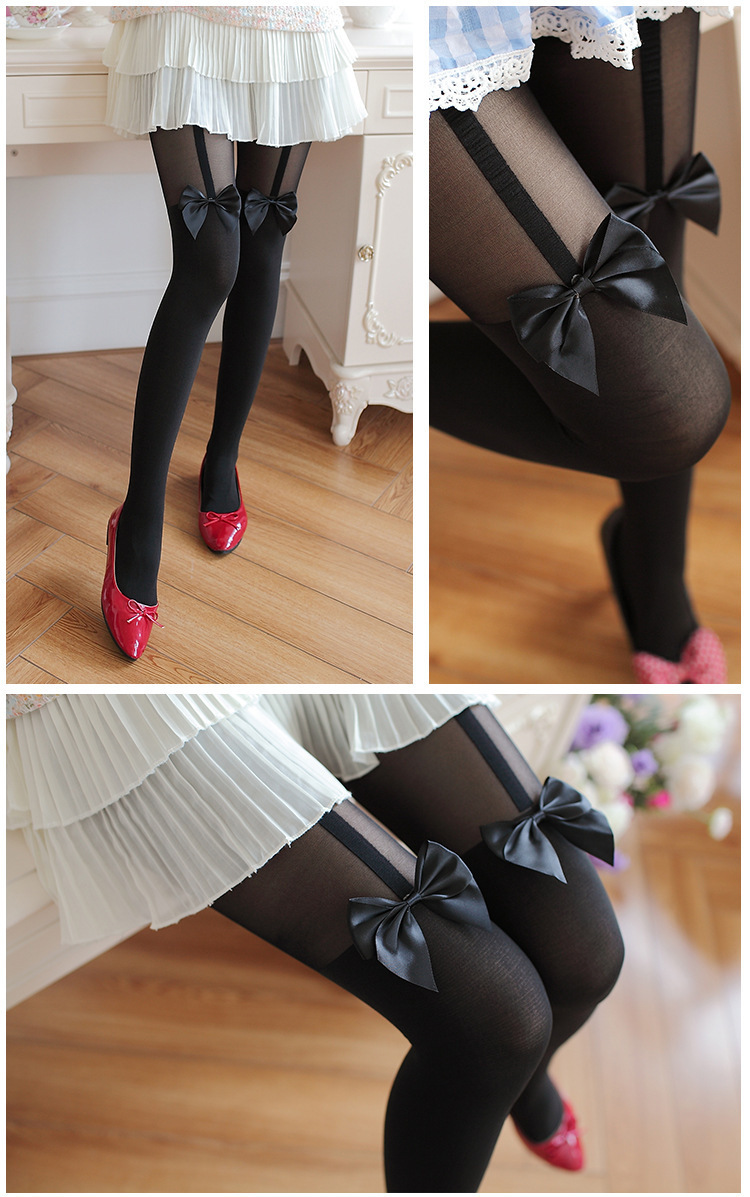 日系情趣丝袜女黑丝蝴蝶结学生连裤袜性感诱惑假高筒大腿拼接打底