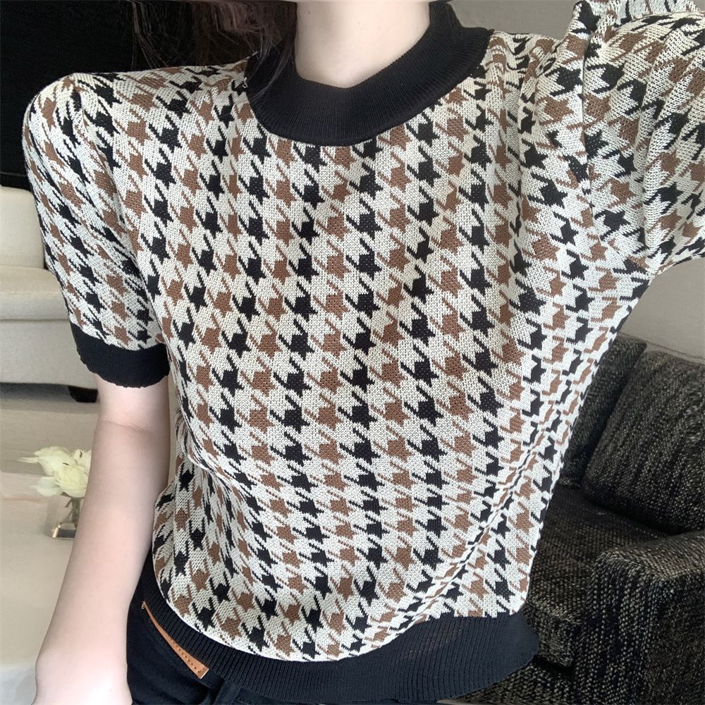 韩系chic千鸟格短袖t恤女2024春季新款复古针织衫设计感短款上衣