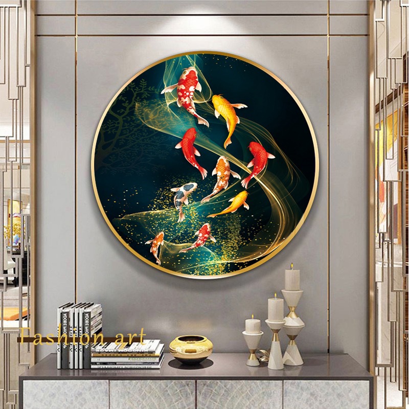九鱼图十字绣新款线绣客厅小幅圆形玄关餐厅手工小件速卖通亚马逊