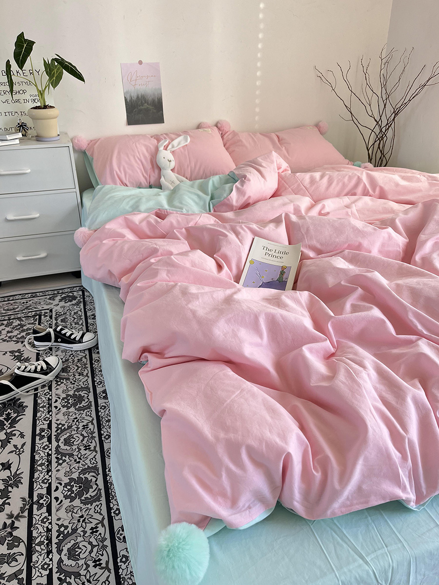 5n卡诗妮|ins粉色少女心水洗棉床上四件套湖蓝纯棉被套床单床笠