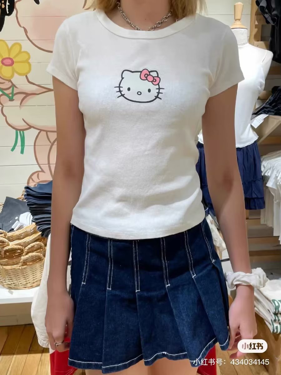 夏季新款hello kitty猫印花纯棉短袖t恤女bm高腰纯欲上衣短款辣妹