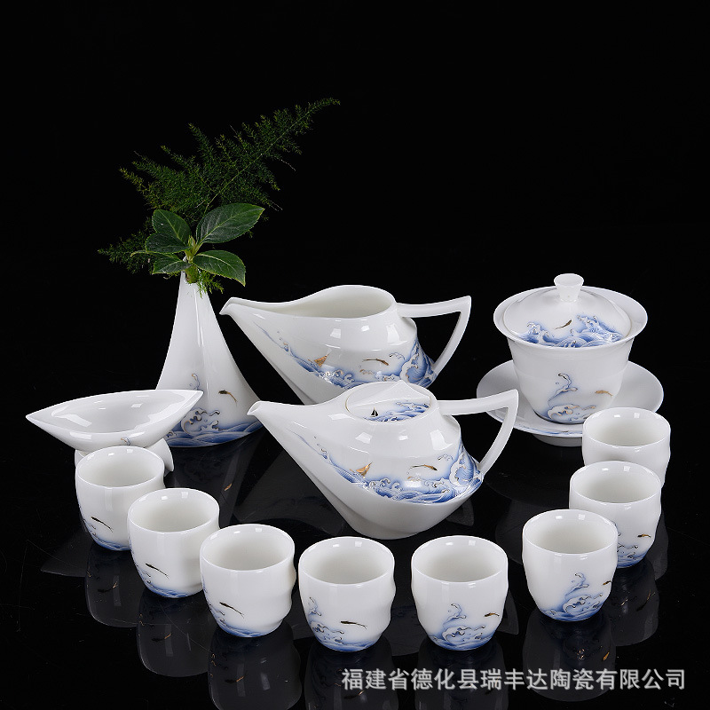 德化白瓷羊脂玉一帆风顺大套装盖碗茶壶功夫茶具家用办公送礼产品