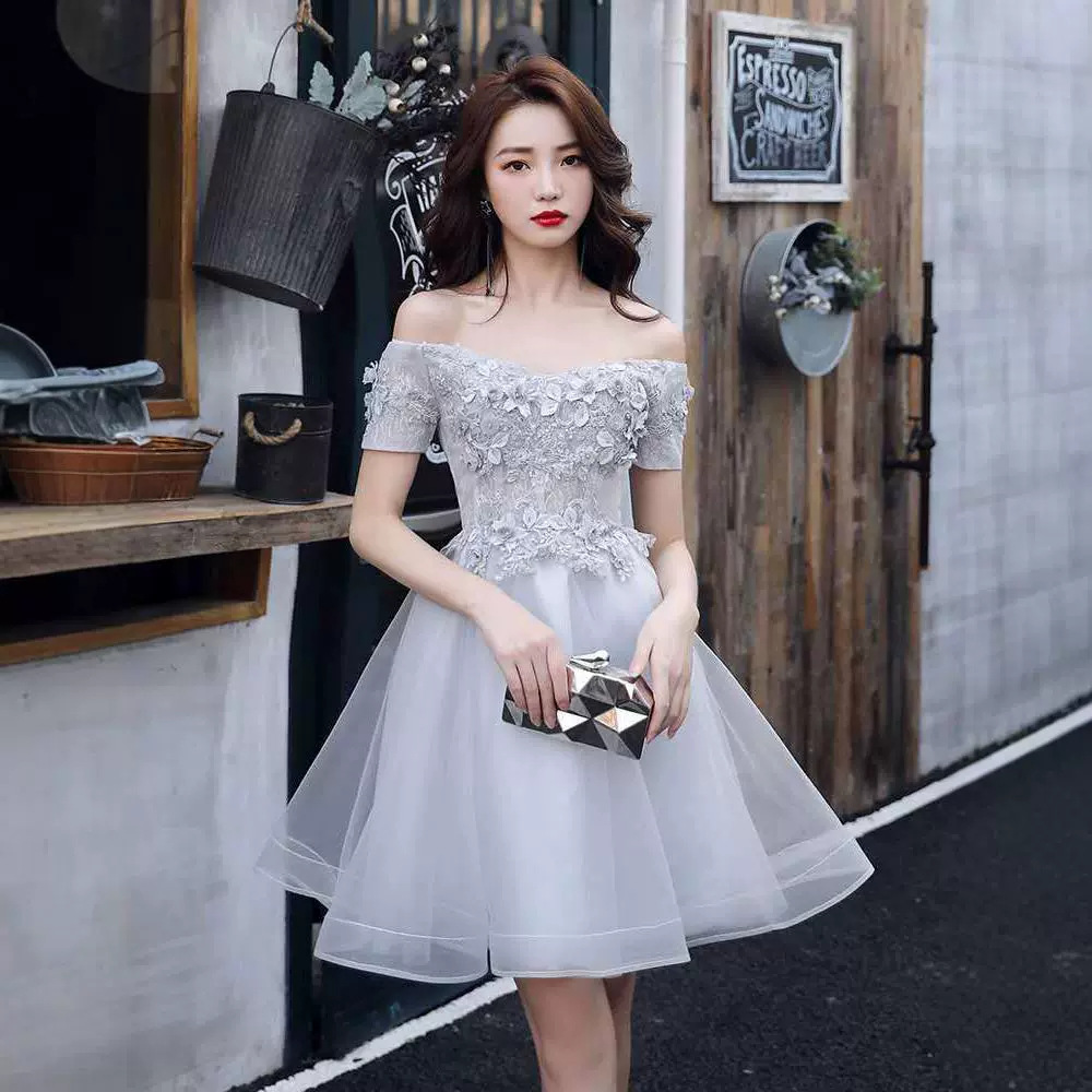 2024新款彩纱小礼服蓬蓬裙一字肩灰色洋装舞台演出服主持伴娘礼服