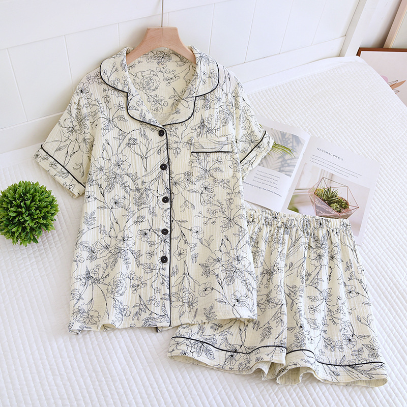 Crepe Cotton Lapel Short-Sleeved Shorts Pajamas Suit Women's Spring and Summer Thin Double-Layer Crepe Breathable Cool Home Wear