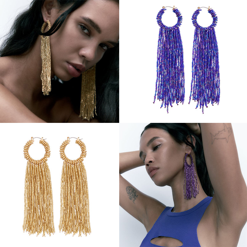 za时尚民族风手工编织串珠流苏耳环夸张长款耳坠欧美创意设计耳饰