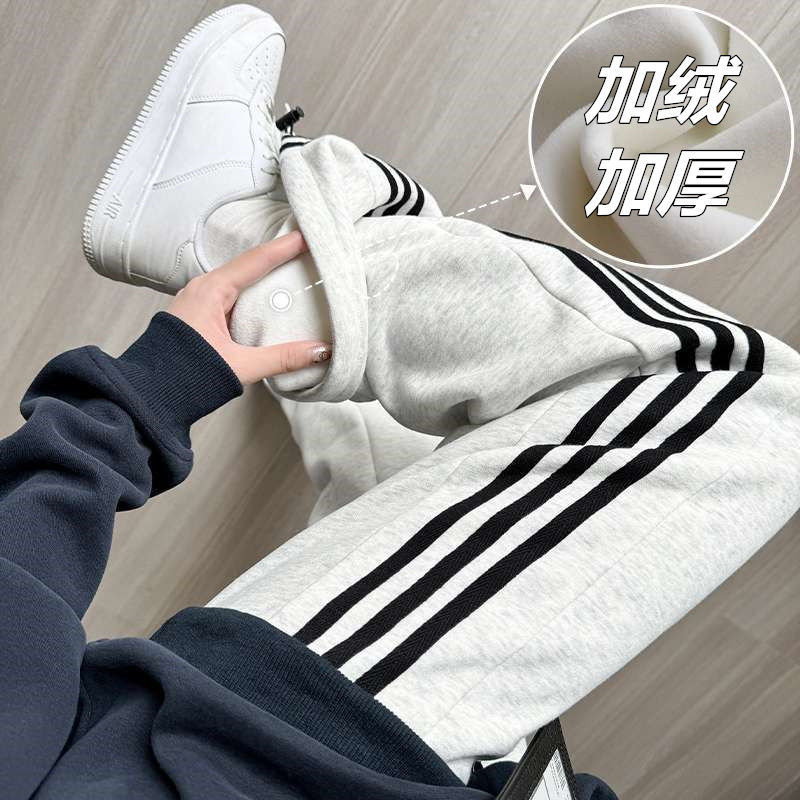 加绒加厚裤子女秋冬季新款小个子美式hiphop休闲运动束脚阔腿长裤